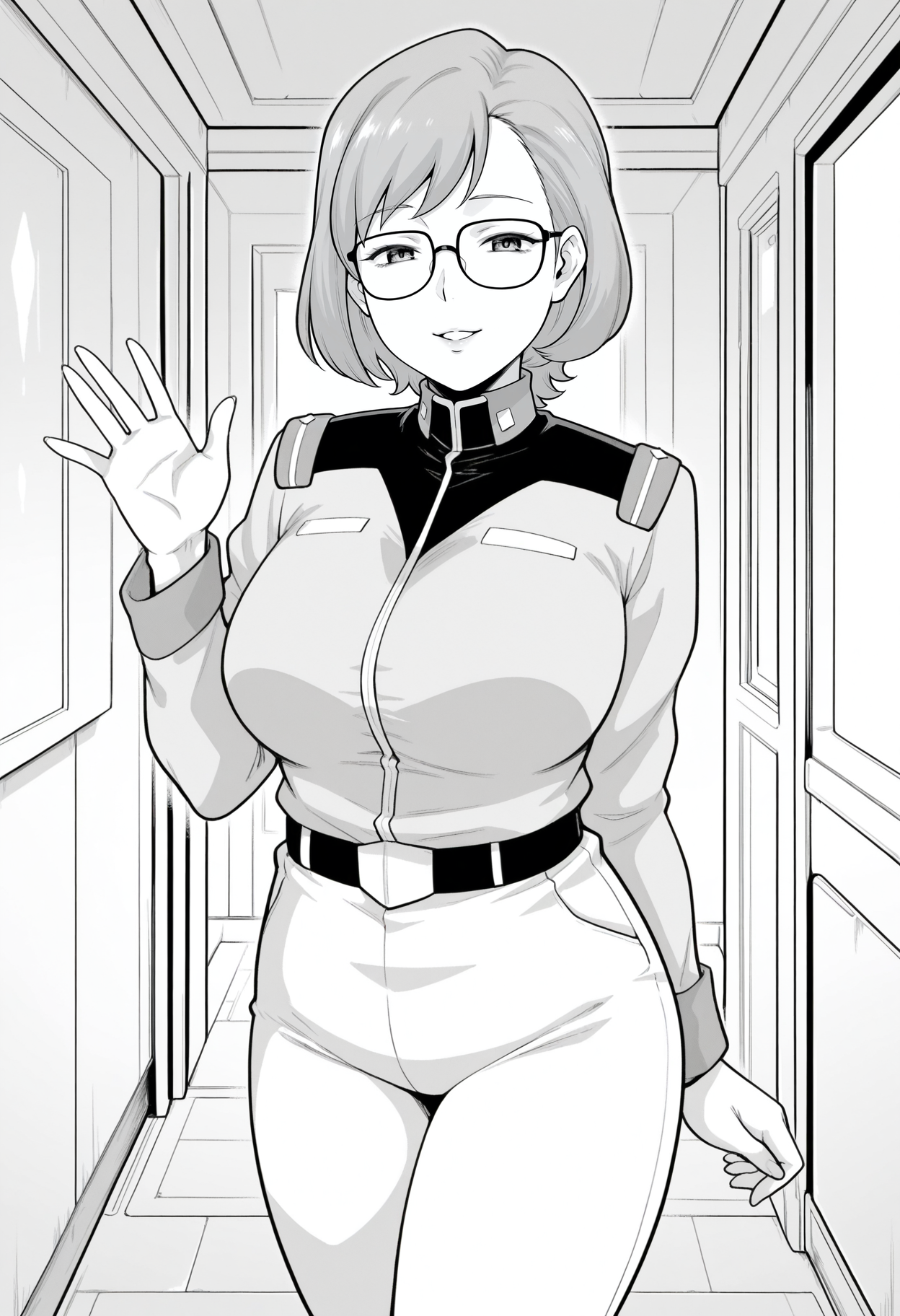 1girl,solo,mm,mature female,glasses,short hair,large breasts,greyscale, monochrome, 
uniform,military uniform,pants,waving, looking at viewer, smile,parted lips, indoors
,masterpiece,best quality,amazing quality,<lora:Usurai_Amiez-Gundam_F90FF:0.8>