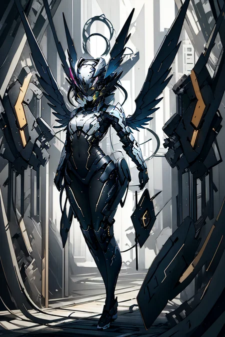 1girl,blue eyes,halo,wings,angel wings,full body,<lora:Hellasthetic-v2:1>,<lora:Mechsuit:1>,