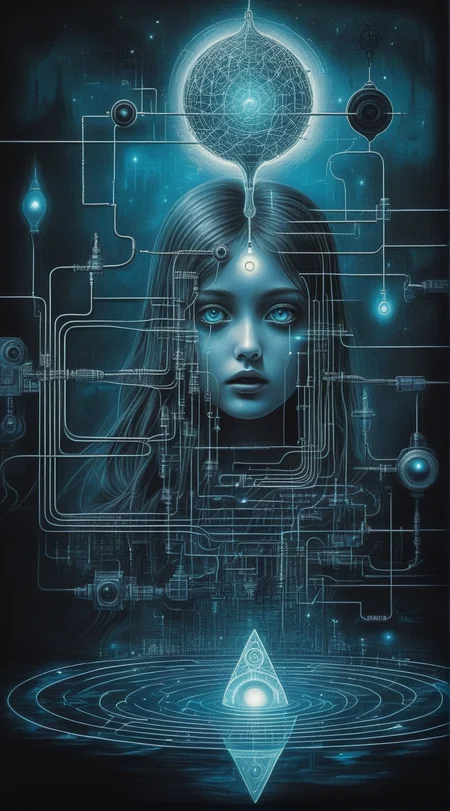 ampereart In the depths of the electrical, a dark and mysterious world unfolds, where a surreal death girl with eyes of liquid blue wanders, lost in electrical enigmatic dreamscape surrealistic electrical diagrams<lora:ampereart:1>
