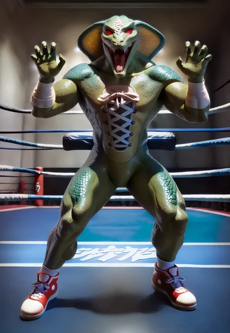 realistic, masterpiece, best quality, newest, absurdres, highres, sneagator, solo, full body, 1boy, green skin, monster boy, muscular, cross-laced clothes, red eyes, no pupils, sharp teeth, scales, bandages, sneakers, open mouth, claw pose, wide stance, looking at viewer, wrestling ring