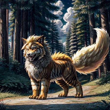 (((Arcanine, Pokmon, Animal,))), solo, single, Tiger, wolf, orange fur, fluffy, cuddly, <lora:Arcanine - Pokmon:1>
(masterpiece, sidelighting, finely detailed, beautiful), <lora:add_detail:1> <lora:hairdetailer:0.2>
In forest,