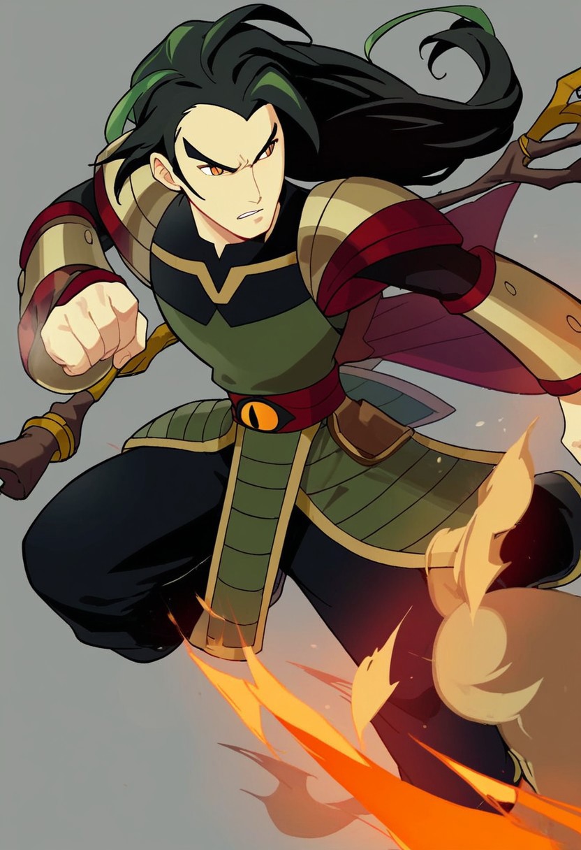 score_9, score_8_up, score_7_up, masterpiece, 1boy, chas3xia, orange eyes, long hair, black hair, green highlights, armor, staff, fighting pose, simple background,