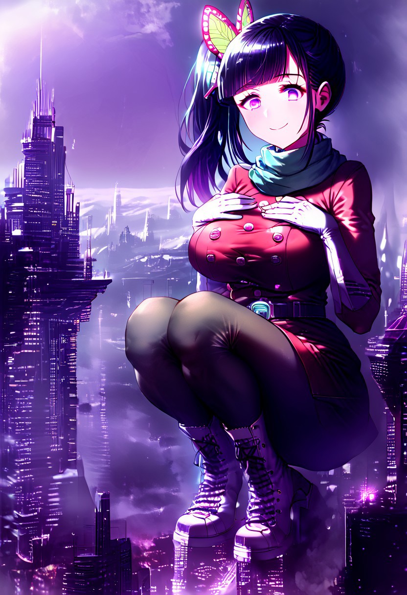 gorgeous lips, cinematic, (masterpiece), (best quality), (ultra-detailed), very aesthetic, perfect composition, intricate details, absurdres, detailed face, (anime, masterpiece, intricate:1.3), (best quality, hires textures, high detail:1.2), score_9, score_8_up, score_7_up, source_anime, 1girl, kanao tsuyuri, black hair, pink highlights, butterfly, butterfly hair ornament, purple eyes, long hair, side ponytail, ponytail, eyelashes, hair ornament, scarf, dress, red dress, long sleeves, buttons, gloves, white gloves, belt, pantyhose, green pantyhose, laced heel boots, white footwear, skirt, flower patterns, alternate_costume, enormous breasts, facial expression, kind, soft eyes, head tilt, slightly smiling, closed mouth, hand on breasts, goddess, building size, giantess, growing even bigger, sitting on the ground, ruanyi0639,hugging own legs, gradient eyes, beautiful detailed eyes, futuristic-city, city background, mountain landscape, city, mountain, super tall building, super tall skyscrapers, in the city, solo, (masterpiece:1.4), (best quality:1.4), (ultra-detailed:1.2), gl0w, glow,