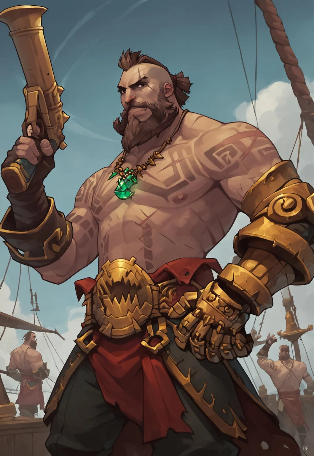safe_pos, score_9, score_8_up, GangplankTB, gauntlet, fingerless glove, mohawk with short ponytail, tattoo, scar across eye, scars on body, brown hair, beard, facial hair, necklace with green gems, ((brown eyes)), muscular, topless, detailed background, harbor, pirate ship, blue sky, portrait, dynamic pose, looking at viewer, smirk, dutch angle, holding a gun, hand on hip, nipples,
