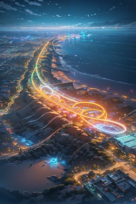 (masterpiece:1.3),(best quality:1.1)roller coaster,coast,dawn,full_shot,wide_shot,science fiction,night,from above,<lora:neon_v1:0.45>,neon light,neon,LED,laser,<lora:Detailed_Places_R-128_v1:0.7>,no humans,scenery,park,cityscape,