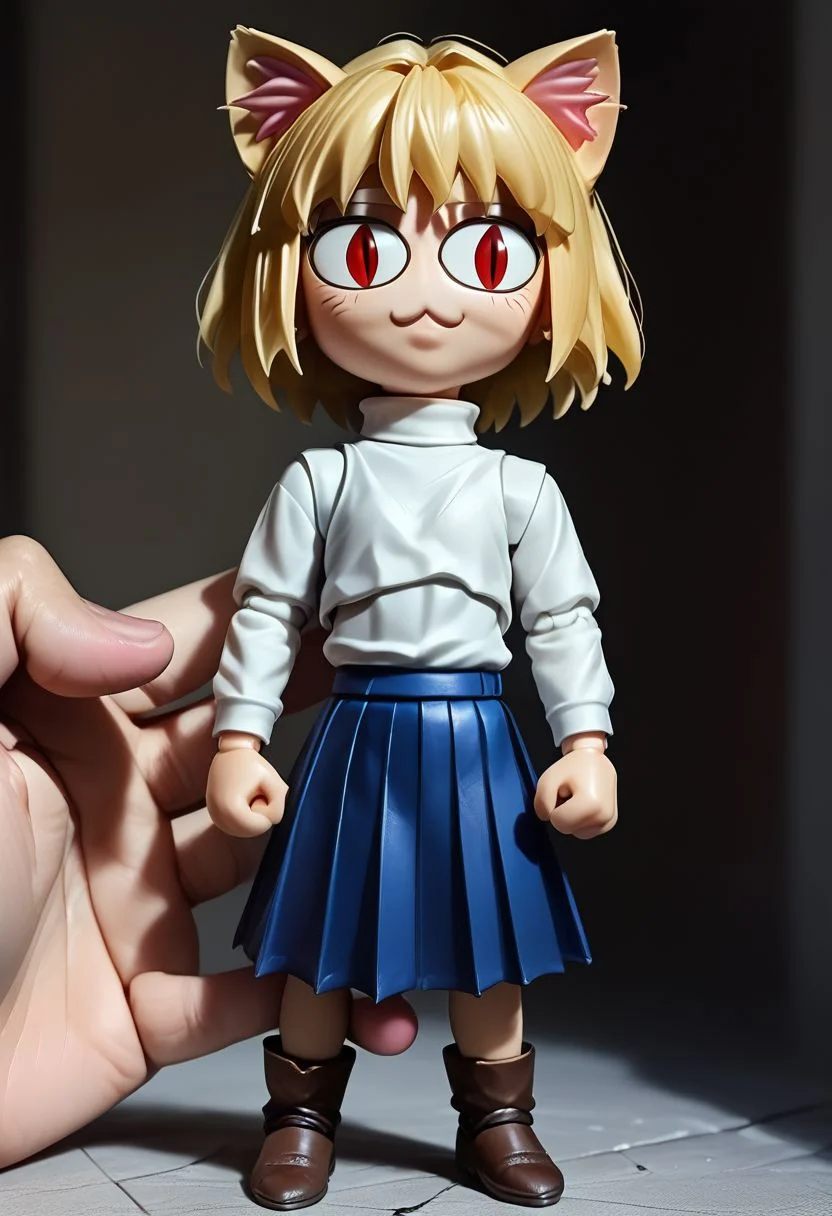score_9, score_8_up, score_7_up, articulated, realism, necoarc, blonde hair, red eyes, slit pupils, cat ears, :3, chibi, turtleneck, white shirt, blue skirt, pleated skirt, pantyhose, brown footwear, cute, epic world, vivid colors, detailed, inddor, purple eyes,