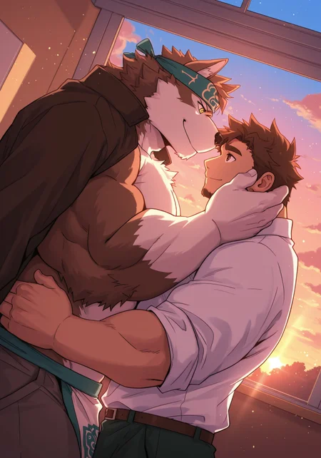 3ch1n, k0k0b001ll, 2boy, male, male focus, bara, ((masculine)), HorkeuKamui, wolf, brown and white fur, furry, yellow eyes, muscular, broad shoulders, thick thighs, huge pecs, headband, jacket over shoulders, pelvic curtain, shirtless,
BREAK
Human, Housamo protagonist, short brown hair, stubble, muscular, large pecs, white button up shirt,
embracing, in classroom, hands on each others face, looking at each other, size difference,
day, sunset, winter, Japanese classroom, large windows, soft shadows, rays of light, dust particles, blue lighting, contrast, (((dutch angle))), close up view, face focus, upper body only, foreshortening, creative angle,
masterpiece, best quality, absurdres, very aesthetic