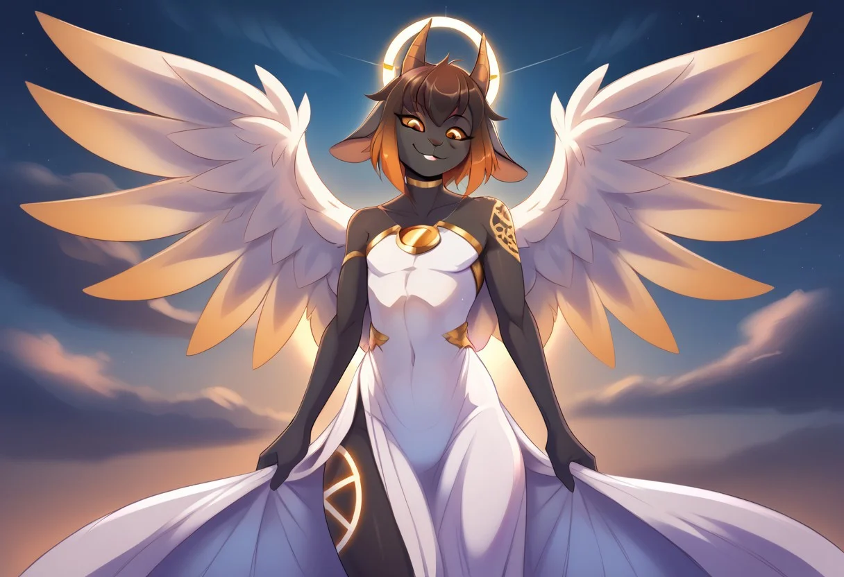 <lora:Scappo_Style_v2_PonyXL:0.8> by scappo, scappo,  score_9, score_8_up, score_7_up, greshockpxl,1boy,solo,femboy, anthro goat,furry, short hair, multicolor hair, dark hair, orange hair, dark sclera, gold eyes, black skin, tattoo, big ass, small horns, BREAK, cute, Face to face, thigh gap, perfect, high quality, high definition, angelic, angel wings, heavenly, godlike, clouds, flowing robes, light spots