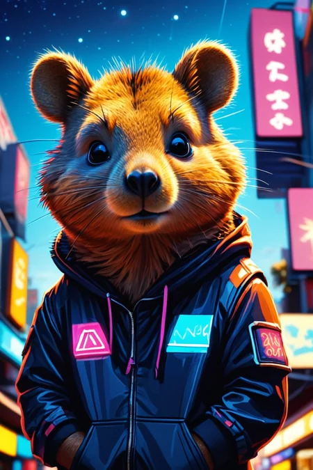 Detailed digital illustration of an anthro Quokka (Gazing at the sky, contemplative wonder) at a Neon-lit streets with hovering billboards, <lora:xl_more_art-full_v1:0.5>,  <lora:anthro_muscular:0.7>,  <lora:MJ52:0.6>, <lora:madpunk:0.4> madpunk