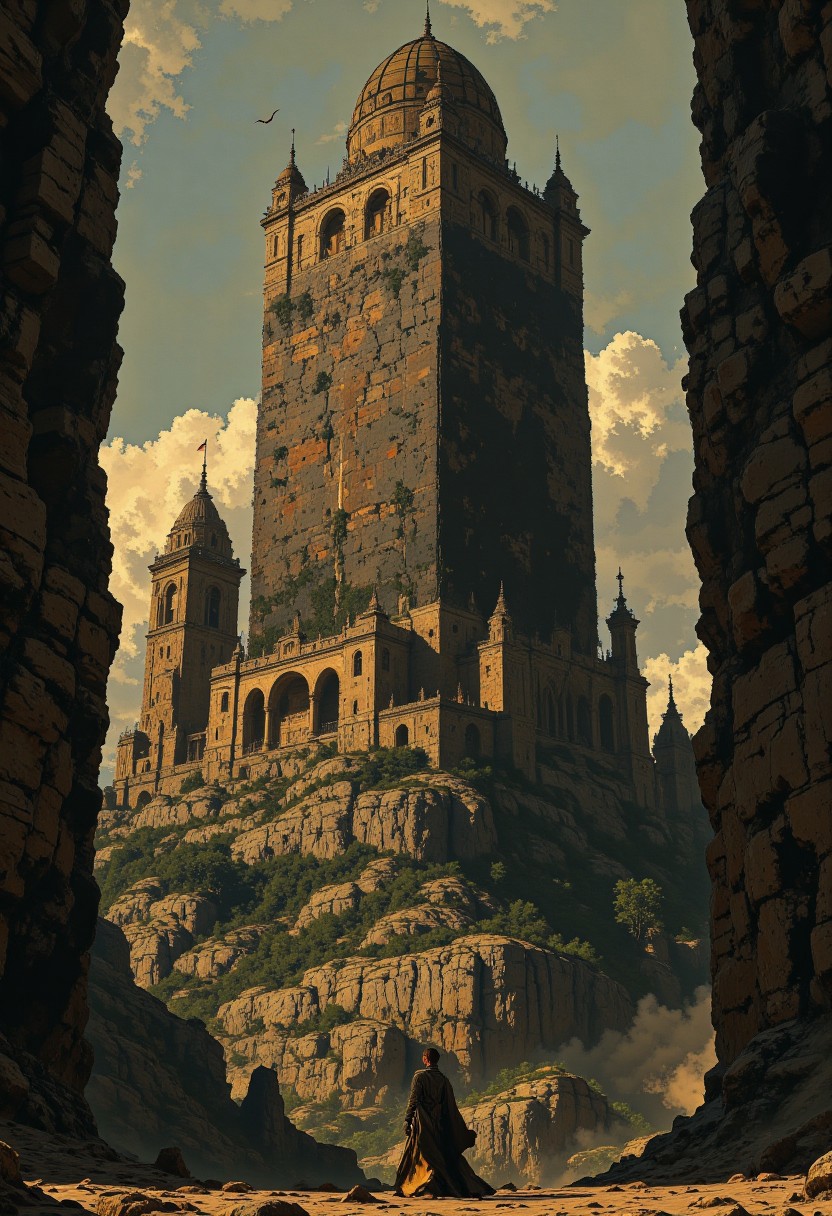 A shattered tower rose against the sky. 
