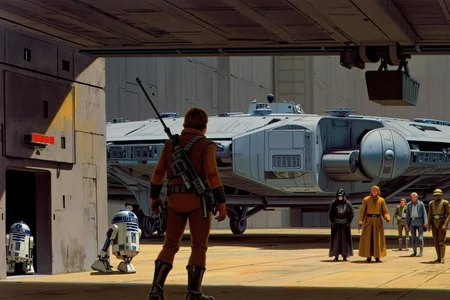 ralphmcq1 painting.
A scene from the Star Wars universe. The scene depicts a large hangar bay, with the the Millennium Falcon, prominently positioned in the center. Luke Skywalker, Chewbacca, C3-PO, and Obi-Wan are shown in backview. On the left is R2-D2 emerging from an entrace.
<lora:ralphmcq_cap_d6a3:1.0><lora:830323045248846493:0>