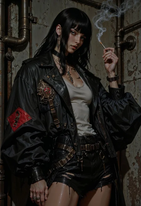 a woman with a futuristic, cyberpunk aesthetic. She has long, dark hair that obscures part of her face, and her skin is pale. She is wearing a worn, oversized black leather jacket with a red patch on the chest, a white tank top, and distressed denim shorts. Her hands are adorned with rings, and she is holding a cigarette, with smoke curling upwards. The background is an industrial setting with metal pipes and a weathered wall, adding to the gritty atmosphere. The lighting is dim, casting shadows that enhance the moody, rebellious vibe of the scene. <lora:flux.1_lora_flyway_Epic-detail_v2:0.85> <lora:Anime Art V3:0.8> <lora:FluxMythAn1meL1nes:0.8>