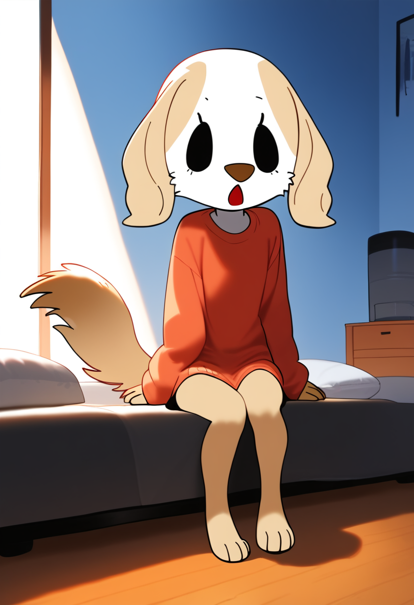 <lora:Inui_Aggretsuko-03:1> score_9, score_8_up, score_7_up, score_6_up, score_5_up, score_4_up, inui_aggretsuko, dog girl, furry female, sitting, bedroom, full body, open mouth