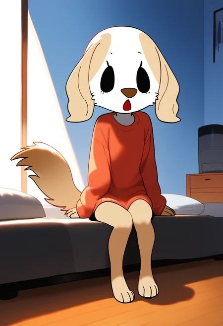 <lora:Inui_Aggretsuko-03:1> score_9, score_8_up, score_7_up, score_6_up, score_5_up, score_4_up, inui_aggretsuko, dog girl, furry female, sitting, bedroom, full body, open mouth