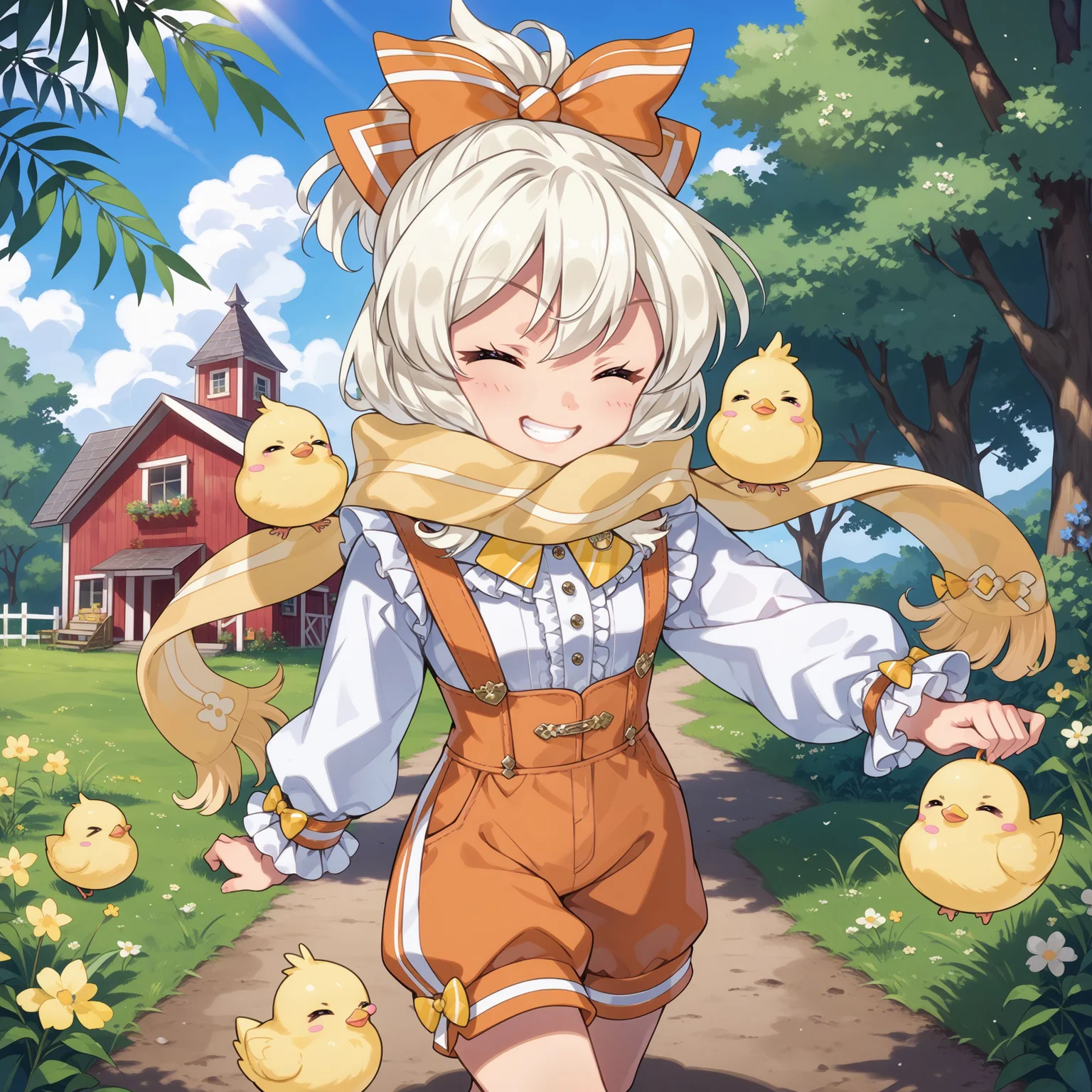 score_max, (score_9, score_8_up, score_7_up:1.2), score_6_up, official art,
masterpiece, absurdres, high detail, 8k,
farm, chick, blue sky, sunshine, from side,
walking, holding chick, grin, closed eyes,
(chibi:1.4), solo, ange, hair bow, yellow scarf, white shirt, frilled shirt, striped, long sleeves, suspenders, orange shorts, puffy shorts, frills, yellow bow, orange bow
<lora:XL_Pony_gomaotsu-angelica-t1:1.0>