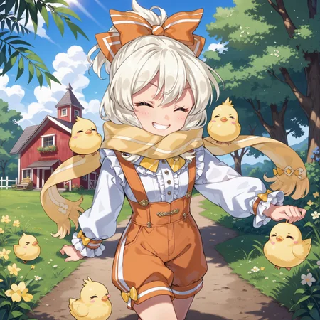 score_max, (score_9, score_8_up, score_7_up:1.2), score_6_up, official art,
masterpiece, absurdres, high detail, 8k,
farm, chick, blue sky, sunshine, from side,
walking, holding chick, grin, closed eyes,
(chibi:1.4), solo, ange, hair bow, yellow scarf, white shirt, frilled shirt, striped, long sleeves, suspenders, orange shorts, puffy shorts, frills, yellow bow, orange bow
<lora:XL_Pony_gomaotsu-angelica-t1:1.0>