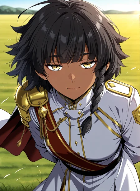 <lora:Mica_Earthborn__The_Beginning_After_the_End__Illustrious:1>
1 girl, solo, dark skin, golden eyes, short black hair, uneven bangs, side braid, layered hair, messy hairstyle,
white military uniform, golden shoulder guards, gold accents, red sash, gold rope tassel, high collar, cape with gold tri
score_9, score_8_up, score_7_up, very aesthetic, source_anime, detailed, high quality, beautiful, masterpiece, detailed eyes, field, blurry background, pose dynamic angle, upper body, cowboy shot, light smile, floating hair, half-closed eyes, hands behind back, leaning forward, looking forward, looking at viewer