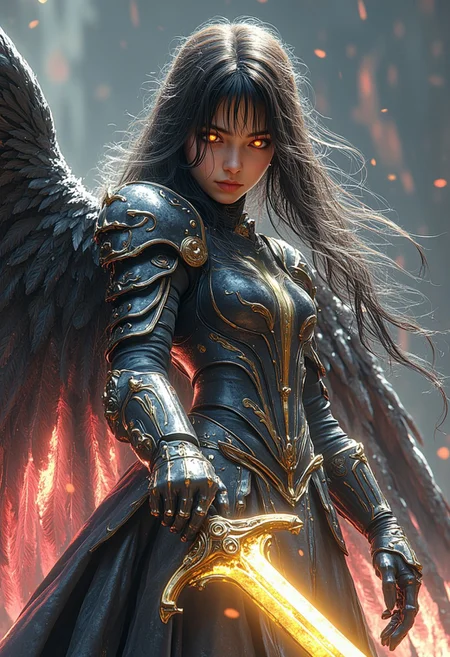 (1girl:1.2),wings,(solo:1.2), holding a glowing sword in an attack pose, color patches, left and right different colors,contrast,with a futuristic wing, mechanical wings,wings, science fiction, eyeshadow, single mechanical arm, gloves, mecha musume, cowboy shot, left black right white, black,gold, silk stockings, hkstyle, masterpiece, best quality, highly detailed, sharp focus, dynamic lighting, realistic