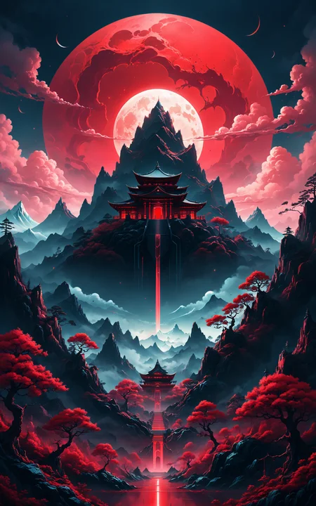 Scif vibes. Otherworldly. Cinematic. Ominous mountain, digital art, inspired by Cyril Rolando, digital art, blood red moon, forest, Japanese temple, beeple and jeremiah ketner, symmetrical digital illustration, realism | beeple, over detailed art, music album art. Creepy<lora:xl_more_art-full_v1:0.5>