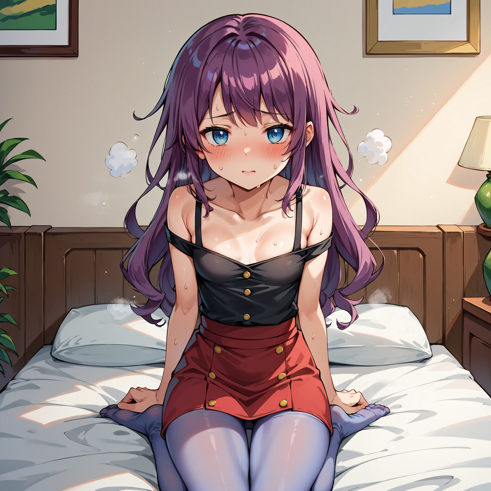 score_9, score_8_up, score_7_up, score_6_up, score_5_up, score_4_up, BREAK source_anime,POV,on bed,sitting(blush,steam,sweat:1.3),<lora:Kirishima_Romin_V2:1>,kirishima romin,amaranth hair,purple hair, red hair, blue eyes,wavy hair,long hair,bangs,small breasts,black shirt,yellow button,collarbone,bare shoulder,shoulder straps,short sleeves,red skirt,purple pantyhose,miniskirt