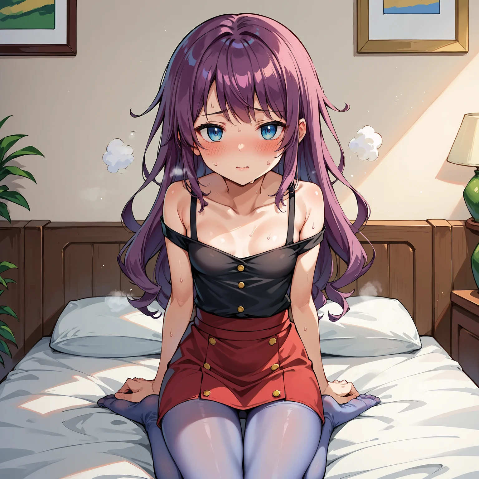 score_9, score_8_up, score_7_up, score_6_up, score_5_up, score_4_up, BREAK source_anime,POV,on bed,sitting(blush,steam,sweat:1.3),<lora:Kirishima_Romin_V2:1>,kirishima romin,amaranth hair,purple hair, red hair, blue eyes,wavy hair,long hair,bangs,small breasts,black shirt,yellow button,collarbone,bare shoulder,shoulder straps,short sleeves,red skirt,purple pantyhose,miniskirt