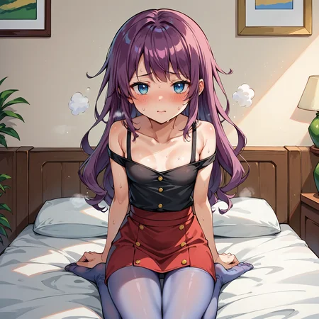 score_9, score_8_up, score_7_up, score_6_up, score_5_up, score_4_up, BREAK source_anime,POV,on bed,sitting(blush,steam,sweat:1.3),<lora:Kirishima_Romin_V2:1>,kirishima romin,amaranth hair,purple hair, red hair, blue eyes,wavy hair,long hair,bangs,small breasts,black shirt,yellow button,collarbone,bare shoulder,shoulder straps,short sleeves,red skirt,purple pantyhose,miniskirt