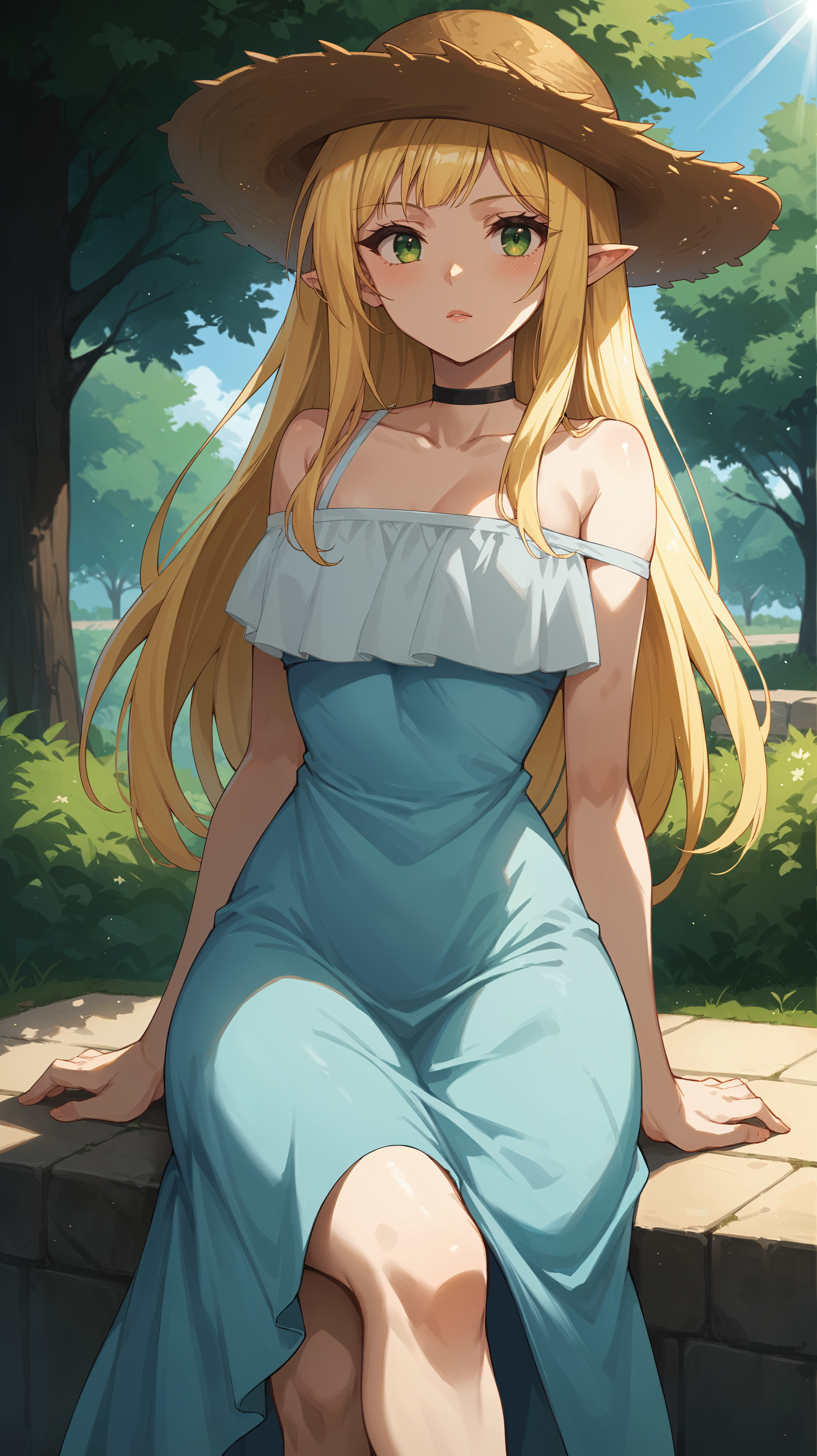 score_9,score_8_up,score_7_up,score_6_up, source_anime, zPDXL3, <lora:xl_more_art-full_v1:0.5>, girl, dynamic pose, crossed legs, <lora:Efil - Pony-000004:0.8>, light blue dress, long dress, long hair, blonde hair, black choker, green eyes, straw hat, elf ears, bare shoulders, light rays, summer, park, shade,