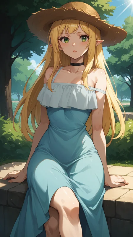 score_9,score_8_up,score_7_up,score_6_up, source_anime, zPDXL3, <lora:xl_more_art-full_v1:0.5>, girl, dynamic pose, crossed legs, <lora:Efil - Pony-000004:0.8>, light blue dress, long dress, long hair, blonde hair, black choker, green eyes, straw hat, elf ears, bare shoulders, light rays, summer, park, shade,