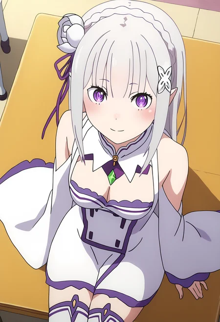 score_9, score_8_up, score_7_up, source_anime, raiting_explicit,
BREAK
<lora:shiabovepoV1:1>, shipovup, from above,
1girl, solo, anime screencap, anime coloring,
<lora:shiEmiliaV2:1> shimilia, long hair, grey hair, purple eyes, pointy ears, crown braid, hair flower, hair ribbon, purple ribbon, x hair ornament, white dress, cleavage, bare shoulders, wide sleeves, white thighhighs, thigh boots,
sitting, indoors, school,
looking at viewer, blush, smile,