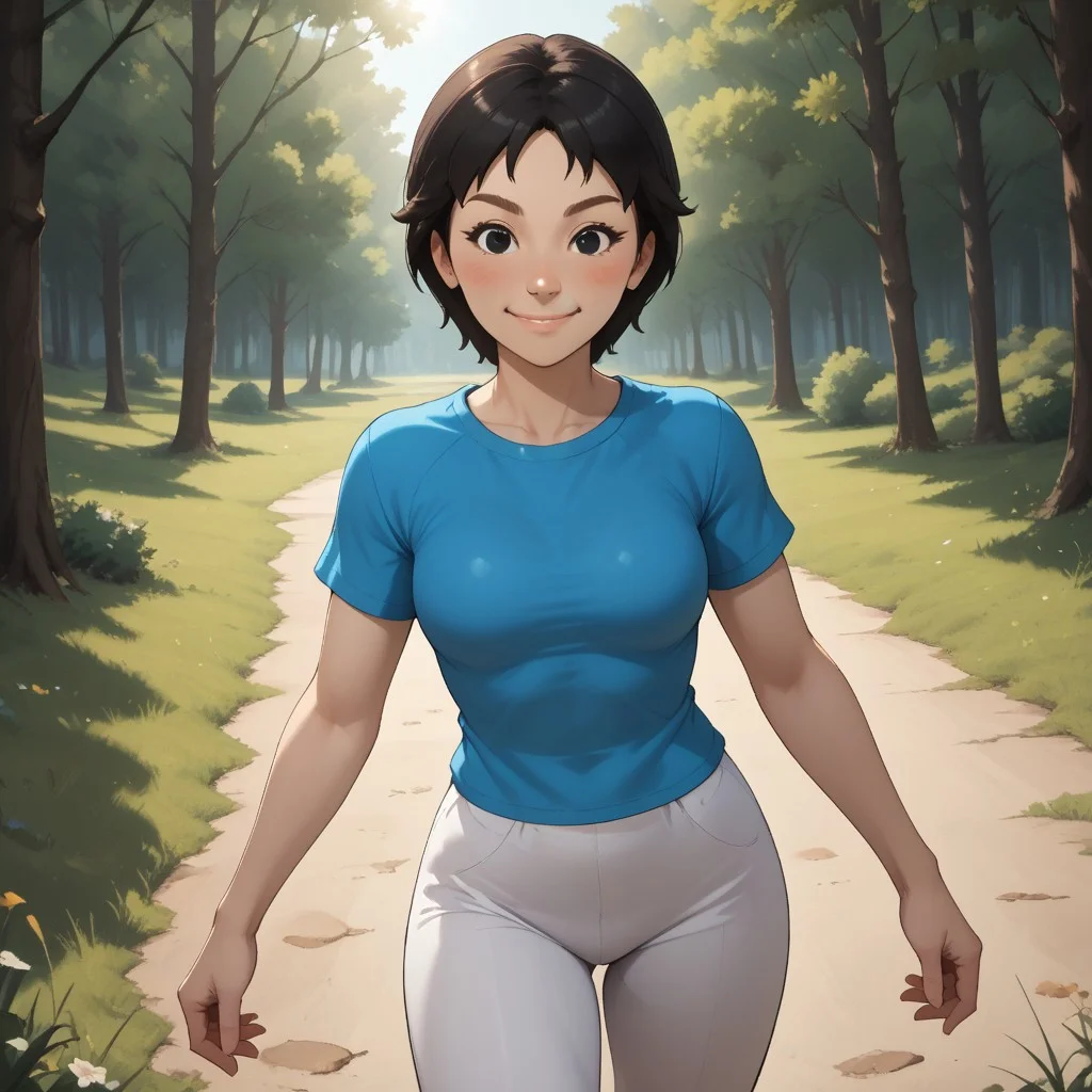 score_9, score_8, BREAK, solo, wii, mii, white skin, black hair, black eyes, brown eyebrows, blush, cyan clothing, white pants, shoes, breasts, 1girl, female mii, wii sports, cute, Rin_(Wii_Sports), nintendo mii, modern_mii, classic_mii, sexy pose, smile, outdoors, sunlight, shadows, evening lighting, natural lighting, forest, trees, grass, orange sky, sunset