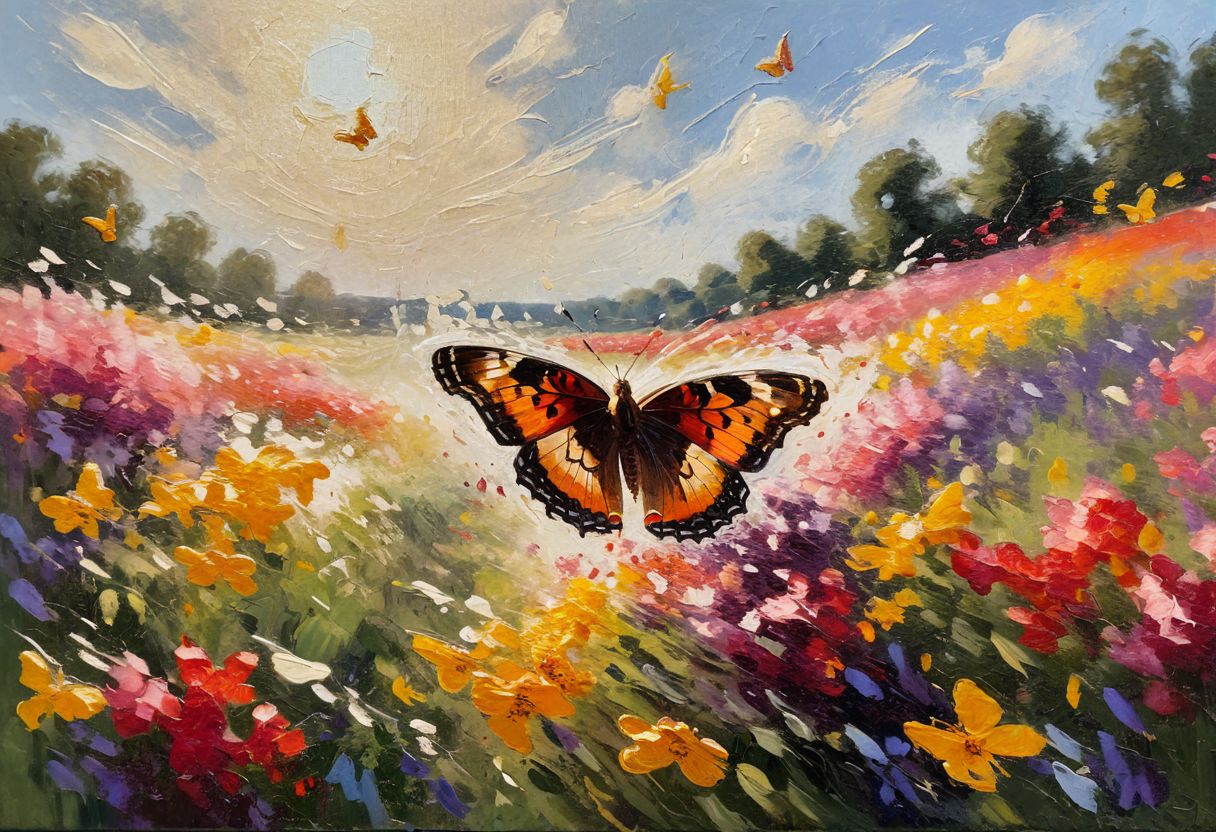 butterfly in flight, formed by two brushstrokes, loose impressionistic style, (vivid colors: 1.2), dappled sunlight, textured canvas, swirling motion, flower field in the background
