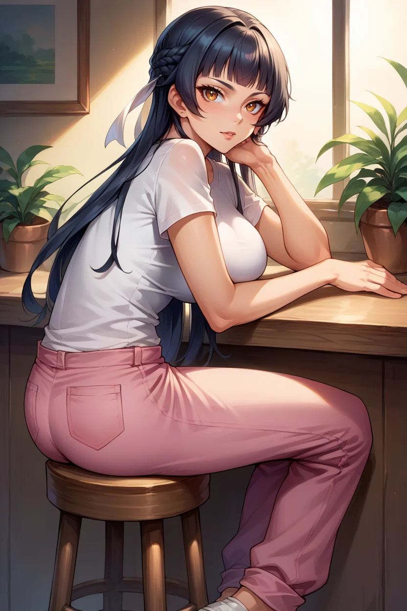 score_9, score_8_up, score_7_up, score_6_up, source_anime, BREAK 1girl, solo, <lora:feathena-pdxl-nvwls-v1-000005:1> feAthena, black hair, long hair, hair ribbon, large breasts, black t-shirt, pink pants, sitting, leaning forward, stool, indoors, looking at you