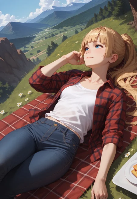 safe_pos, (score_9, score_8_up, score_7_up),
dutch angle,
1girl, solo, blonde hair, blue eyes, long hair, hime cut, bangs, small breasts, windy hair, ponytail, ass, (reclining, on back, from above, relaxed:1.3), collarbone, picnic,
flannel shirt, red flannel, white t-shirt, unbuttoned, jeans,
BREAK, mountain trail, cowboy shot, looking up, slight smile