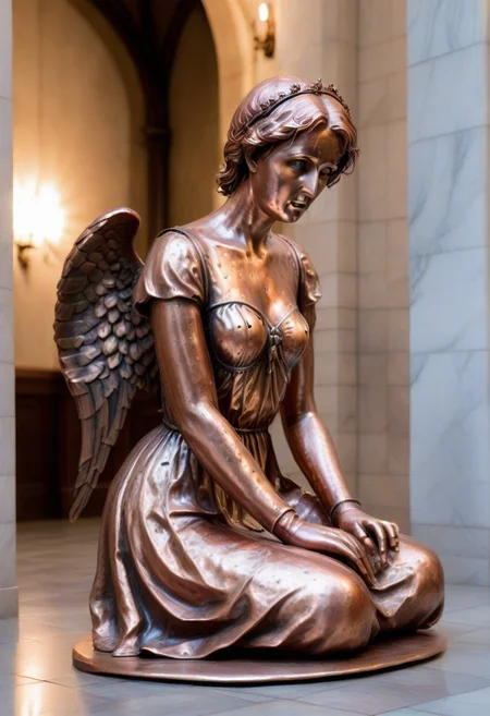a copper statue portraying a kneeling and weeping angel, bleak, hopeless, depressing, enshrined in an alcove, marble church background
BREAK
CivChan