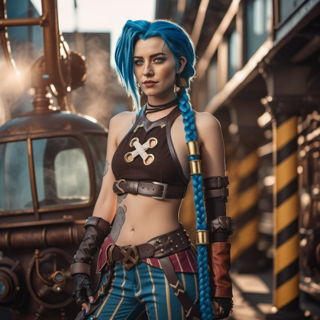cinematic photo cinematic photo a woman, full body, and blue hair and braids is posing for a picture, steampunk city background <lora:Jinx1024-000260:0.8> . 35mm photograph, film, bokeh, professional, 4k, highly detailed