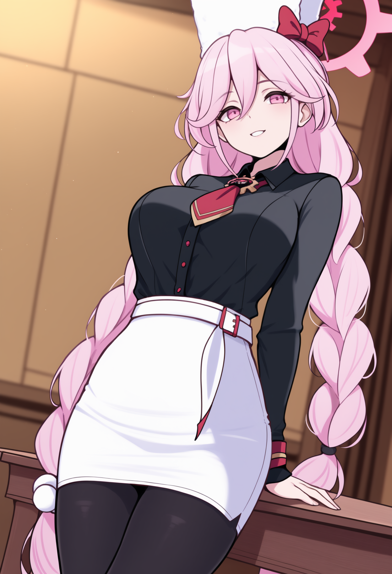 masterpiece, best quality, newest, solo, 1girl, tom0edef, smile, looking at viewer, standing, arms behind back, arm support, long hair, pink hair, hair between eyes, twin braids, white headwear, fur hat, hat bow, red bow, pink halo, pink eyes, black shirt, collared shirt, shirt tucked in, short necktie, red necktie, long sleeves, white skirt, pencil skirt, white belt, black pantyhose, indoors, table
<segment:yolo-Anzhc Face seg 640 v3 y11n.pt,0.4,1//cid=11>