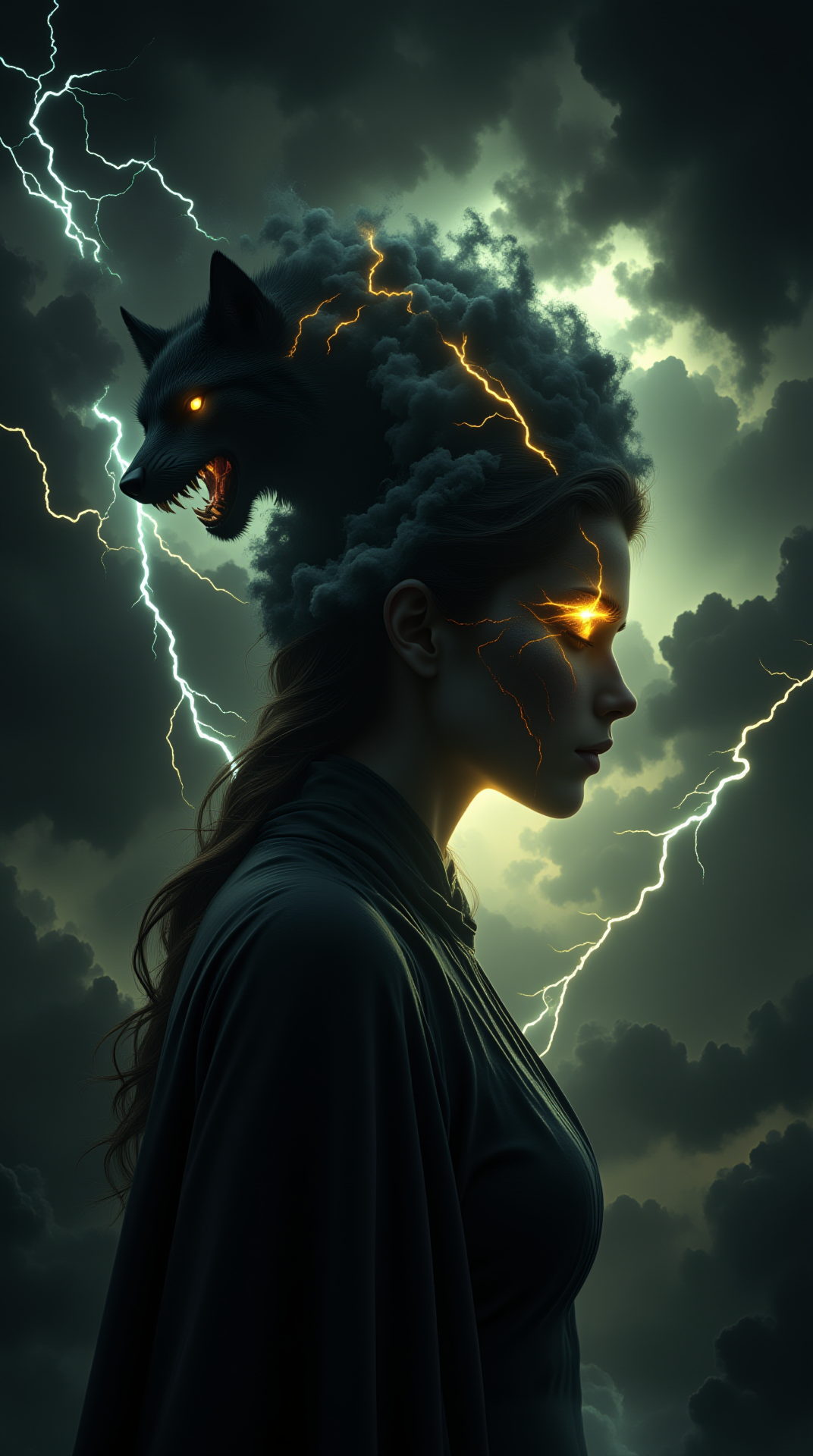 A dark and ethereal scene depicting a woman with an otherworldly aura, her profile glowing faintly against a stormy backdrop of swirling clouds. Her face is partially shrouded in shadow, with one eye radiating a fiery golden light, crackling with veins of lightning that spread across her cheek. Emerging from her hair, a spectral wolf with glowing, piercing eyes and bared teeth looms menacingly, its form seamlessly blending into the swirling black smoke around her. The atmosphere is haunting and intense, evoking a sense of raw power, mystery, and supernatural terror. The colors are dominated by shades of black, gray, and pale green, accentuated by vibrant gold and icy blue highlights. The storm clouds churn violently, illuminated by distant flashes of lightning, completing this dark fantasy portrait.