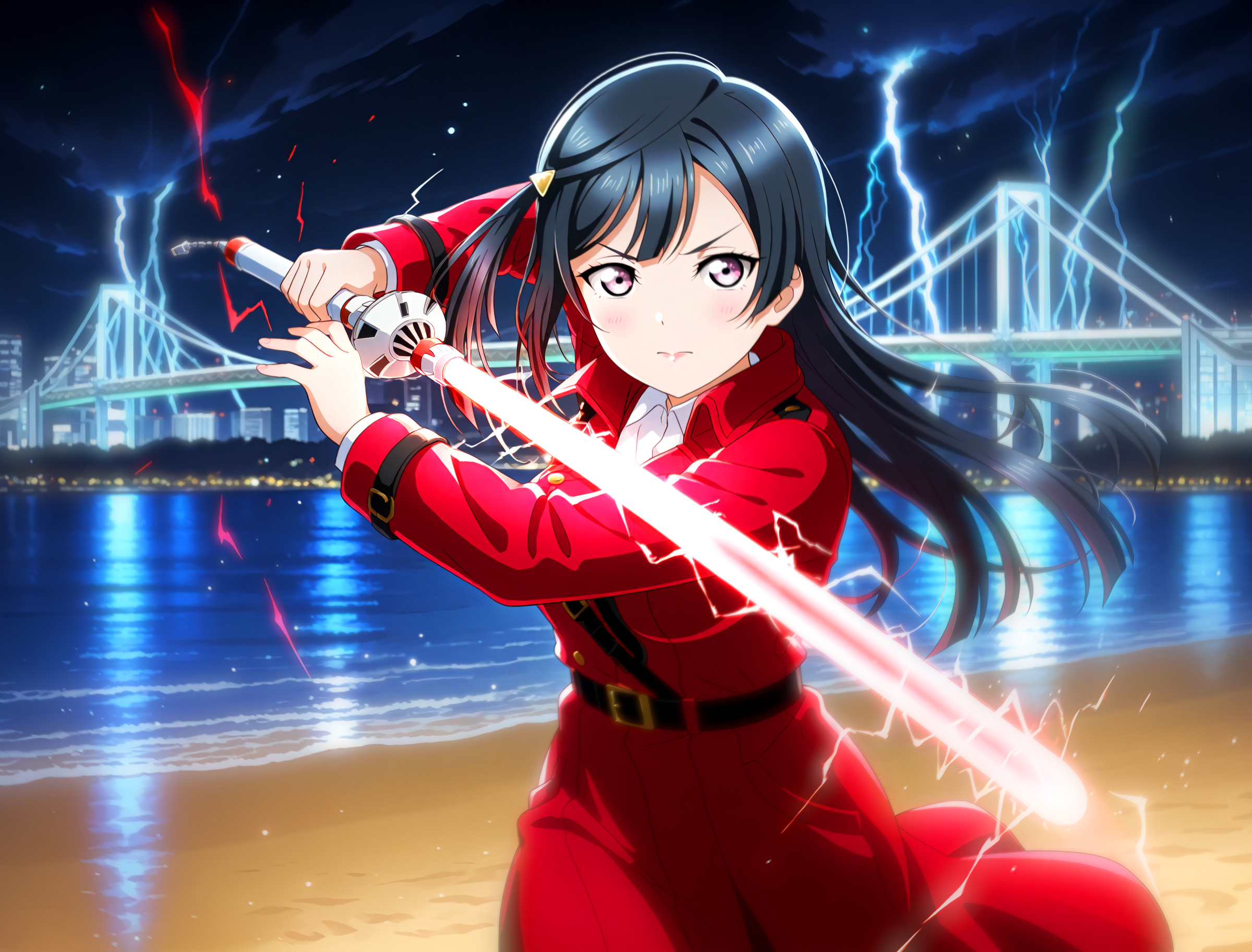 <lora:Koto-Umi-Riko-Shizu-Setsu-LLAS-IllustriousXLV01-V1:1> <lora:sdxl-boldline:-0.5> <lora:sdxl-flat:0.5>
<lora:Rainbowbridge-IllustriousXLV01-V1:1> <lora:impaling:1:lbw=MIDD:stop=14>
llas, masterpiece, very aesthetic, absurdres, best quality, newest, perfect anatomy, perfect lighting, anime coloring BREAK
(depth of field, blurry background:1.2) BREAK
1girl, solo, looking at viewer, cowboy shot BREAK
yuki setsuna BREAK
big pupils, (detailed eyes:1.2), large breasts, lips, serious, v-shaped eyebrows BREAK
red coat, (red lightsaber, holding lightsaber), (impaling, red aura:1.4), (electricity, lightning:1.2) BREAK
rainbowbridge, odaibakaihinkoen, beach, sand, reflective water, night, night sky, black background, dark