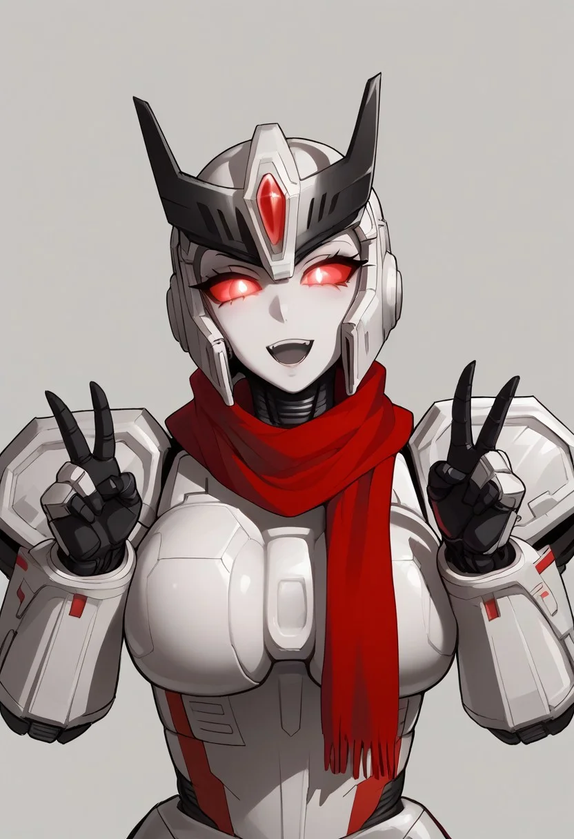 score_9, score_8_up, score_8. score_9, score_8_up, score_7_up, score_6_up, masterpiece, 4k, high quality, (best quality:1.1), ExpressiveH, 1female, ((ultra-detailed)), anime style:1.0, cartoon:0.8
BREAK
1girl, Megaempress, ((metallic skin)), ((taller female)), large shoulders, huge shoulders, ((robust body)), Horns, silver face, helmet, thighs, leg armor, science fiction, very thick thighs, red eyes, white pupils, (glowing eyes), colored sclera, armored chest, ((metal breastplate)), square chest, huge chest, huge breasts, metallic armor, metallic breasts, robot girl, armor, silver body, Megaempress, solo, machinery, wide hips, black hands, curvy, ((black metallic pelvic armor)), black hands, red scarf, long scarf
BREAK
dutch angle, black hands, curvy, ((upper body)), hip tilt, dutch angle, (taller than viewer), looking at viewer, open smile, double v, cute, ((simple background))