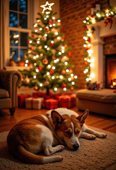 (Masterpiece, best quality, well lit, highly detailed) Christmas, Christmas party, Christmas tree, cozy, warm lighting, christmas living room, indoors, with a sleeping corgi,