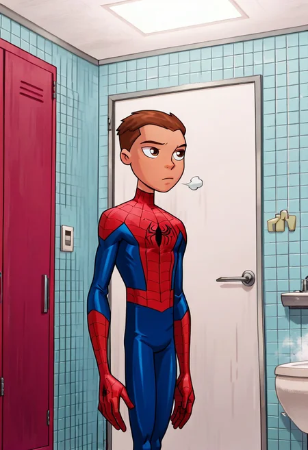 masterpiece,best quality, amazing quality, 1boy, fit, slim body, solo, male focus, P3t3r, 1boy, male focus, anime, brown hair, very short hair, brown eyes, Spiderboy, Bodysuit, Red Bodysuit, Blue Bodysuit, Cl4ss1c, superhero, bodysuit, spider web print, red bodysuit, blue accents, bathroom, lockeroom, foggy, steam, daytime, shower,