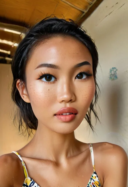 ((cowboy-shot)) selfie photo of skinny 24-year-old filipina-vietnamese girl with ((dark skin)) and ((small bustline)), wearing ((painted-on gown)), a broad nose, dark eyes, black hair, bob haircut, ((round face)), short torso, wide lips, flattened nose, average body, bony face, wide cheekbones, broad mouth, wide-set eyes, ugly nose, attractive eyes, perfecteyes, LL_FILIPINA, imperfect dark skin, face, ((shoulders, torso, chest)), skinny, anorexic, high angle, skinny body,