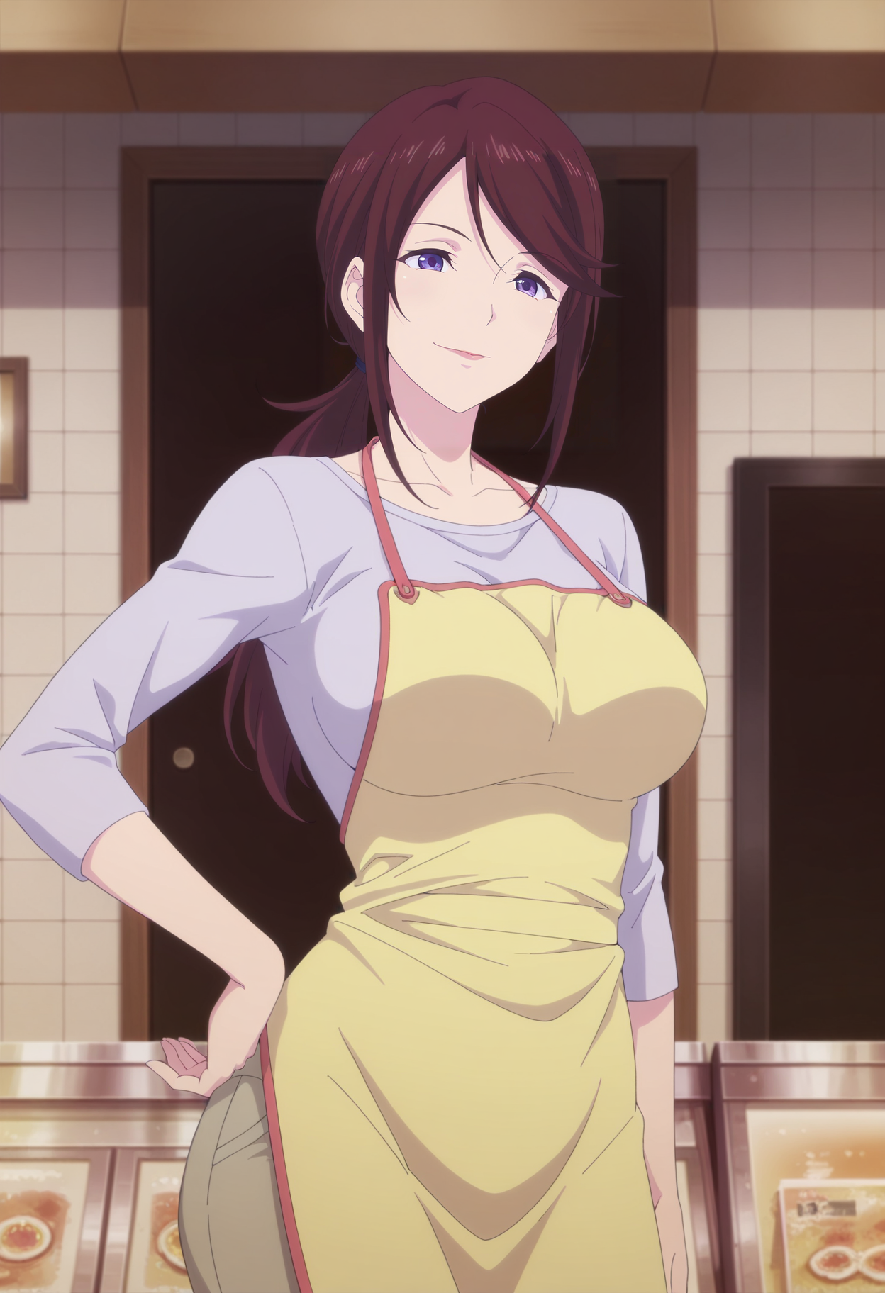 1girl,solo,mm,mature female,long hair,ponytail,purple eyes,brown hair,large breasts,
shirt,pants,apron,hand on own hip, arm at side,looking at viewer, smile
,masterpiece,best quality,amazing quality,<lora:Confectionery_Seller-Megami_no_Café_Terrace:0.8>