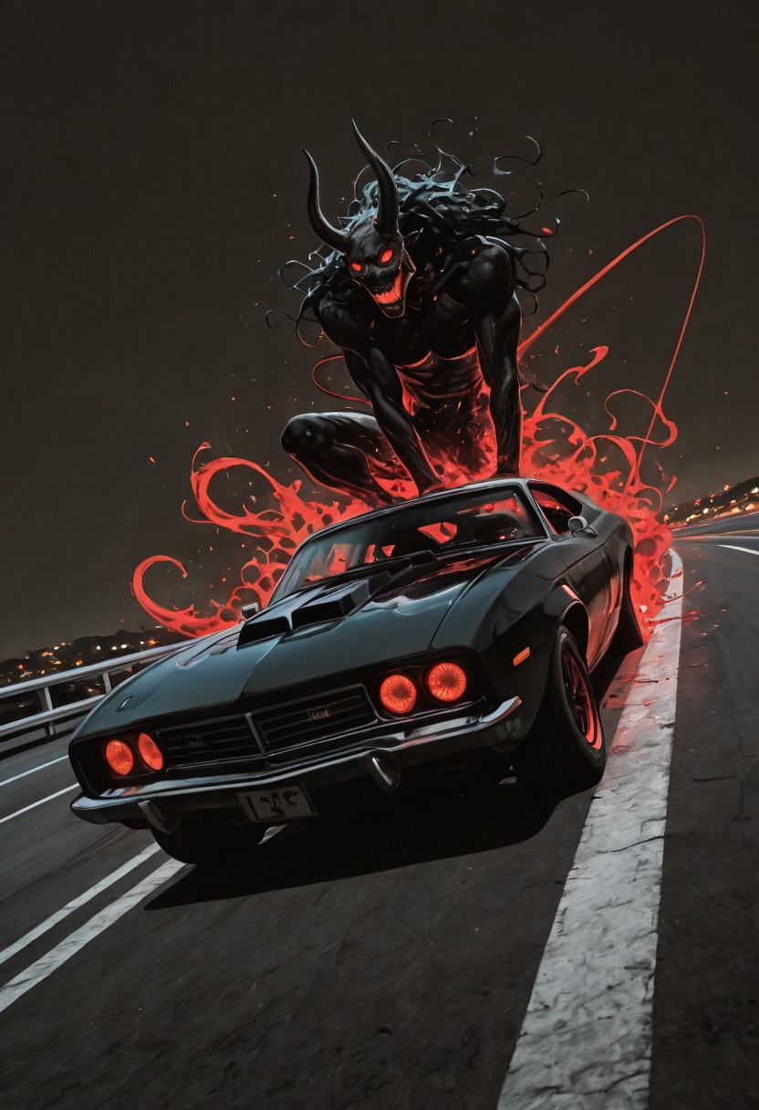 muscle car, brutal and powerful, possessed by spirit, demon , dynamic, high speed turn, coastal road, dutch angle, foreshortening, ghost as driver, (dark space :1), (flat lighting, flat color, flat design, no lineart:1), spot color, film grain, local spot color, neon, pearlescent, masterpiece, best quality, amazing quality, very aesthetic, absurdres, newest, RBL-Illu