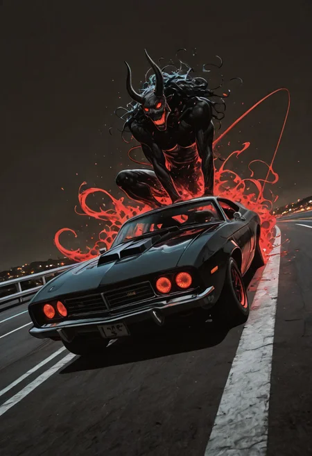 muscle car, brutal and powerful, possessed by spirit, demon , dynamic, high speed turn, coastal road, dutch angle, foreshortening, ghost as driver, (dark space :1), (flat lighting, flat color, flat design, no lineart:1), spot color, film grain, local spot color, neon, pearlescent, masterpiece, best quality, amazing quality, very aesthetic, absurdres, newest, RBL-Illu