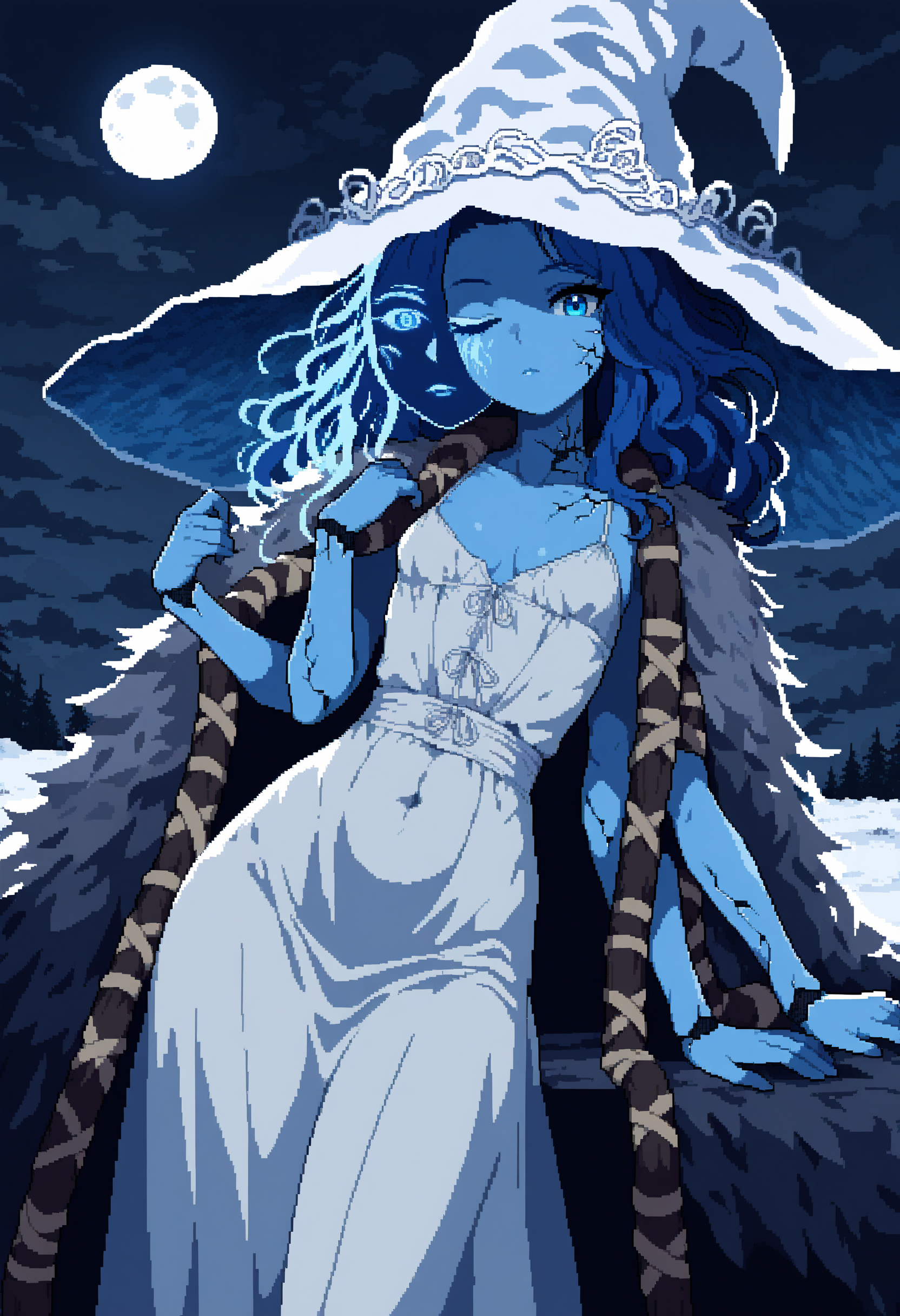 pixel art, 1girl, ranni the witch, blue skin, extra arms, solo, witch hat, small breasts, blue hair, blue eyes, looking at viewer, white dress, large hat, fur cloak, white headwear, long hair, extra faces, jewelry, cleavage, moon, cracked skin, covered navel, sky, dark clouds, snow, leaning to the side, 
masterpiece, best quality, very awa, absurdres
<lora:noobai_epred_11_pixel_art_v1:1>