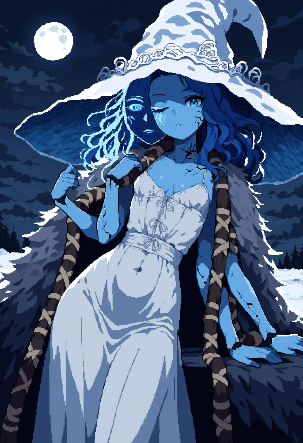 pixel art, 1girl, ranni the witch, blue skin, extra arms, solo, witch hat, small breasts, blue hair, blue eyes, looking at viewer, white dress, large hat, fur cloak, white headwear, long hair, extra faces, jewelry, cleavage, moon, cracked skin, covered navel, sky, dark clouds, snow, leaning to the side, 
masterpiece, best quality, very awa, absurdres
<lora:noobai_epred_11_pixel_art_v1:1>