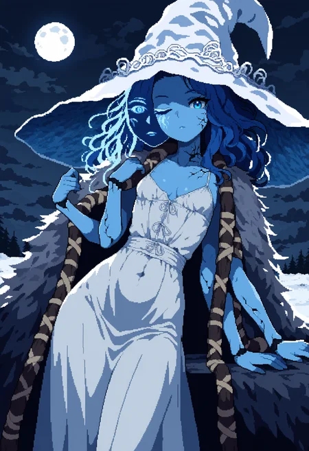 pixel art, 1girl, ranni the witch, blue skin, extra arms, solo, witch hat, small breasts, blue hair, blue eyes, looking at viewer, white dress, large hat, fur cloak, white headwear, long hair, extra faces, jewelry, cleavage, moon, cracked skin, covered navel, sky, dark clouds, snow, leaning to the side,
masterpiece, best quality, very awa, absurdres
<lora:noobai_epred_11_pixel_art_v1:1>