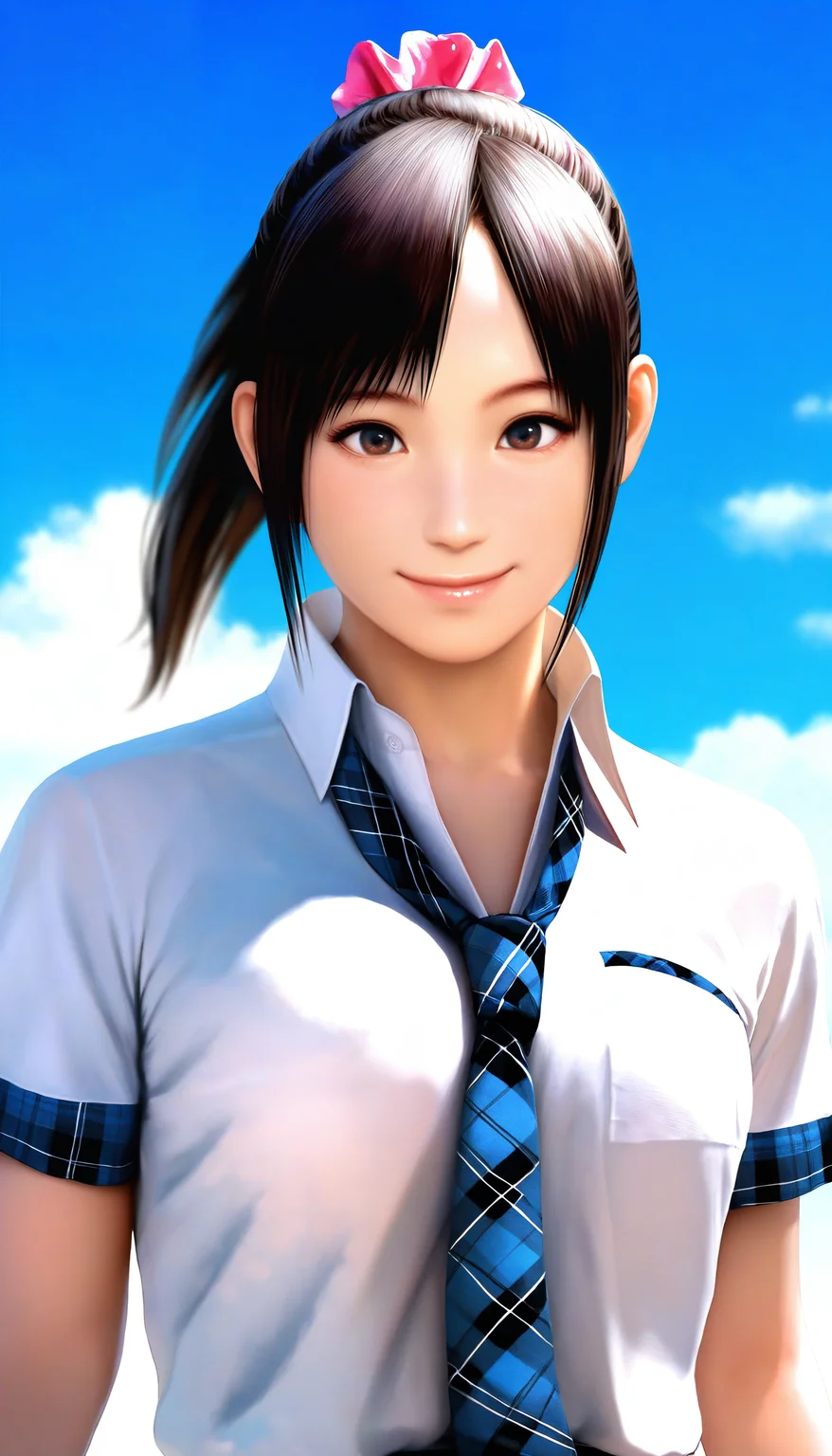 masterpiece,best quality,amazing quality,
<lora:miiyamotohikariNAI:1>,miiyamotohikari,realistic,
1girl,solo,black hair,bangs,pink scrunchie,ponytail,brown eyes,smile,white collar shirt,blue plaid necktie,blue sky,cloud,