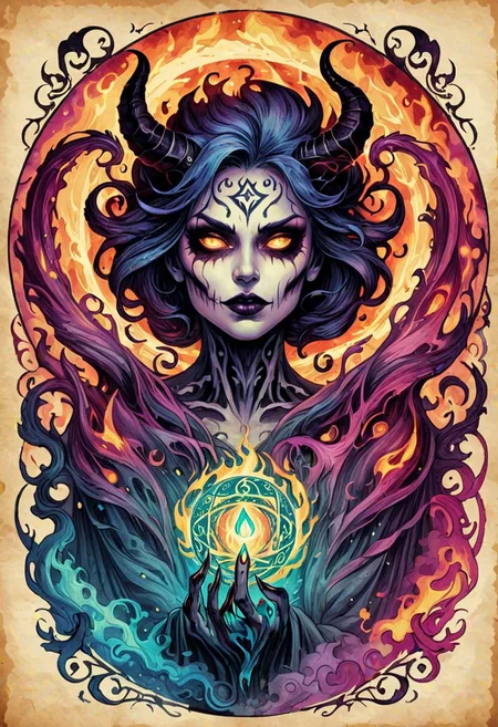 Ink illustration on parchment. Portrait. In a fantasy realm, the spirit of a woman trapped in a half machine demon takes revenge on those they have condemned. Mystic power. mystic color palette. BadDream, DEVIL SPAWN, fire, undead.